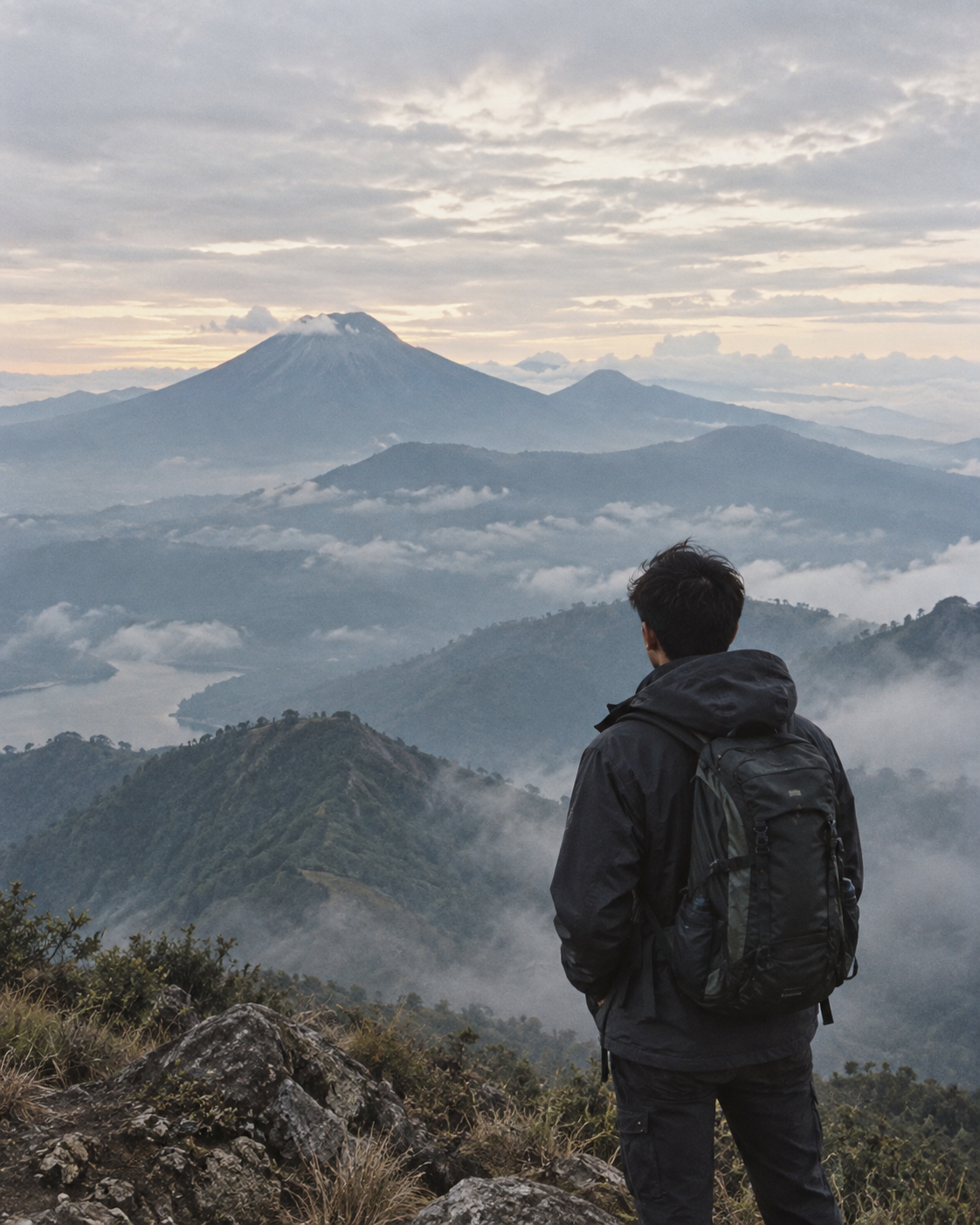 Seseorang memandang pegunungan dari kejauhan